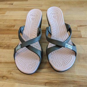 Crocs "Cyprus" Criss-Cross Slip On Heeled Sandals in Pink/Brown